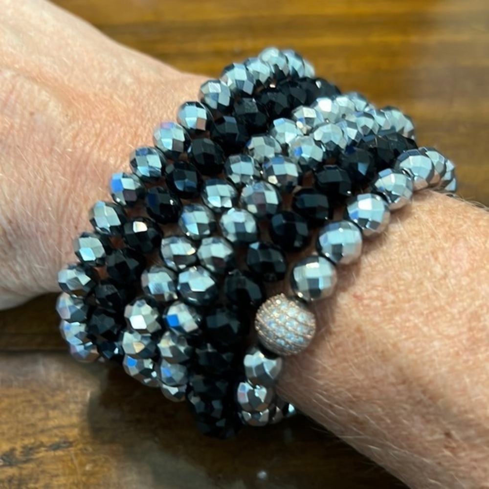 Gunmetal and black elastic bracelets set of 6